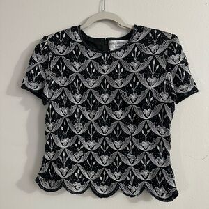 Papell Boutique Black and Silver Embroidered Blouse